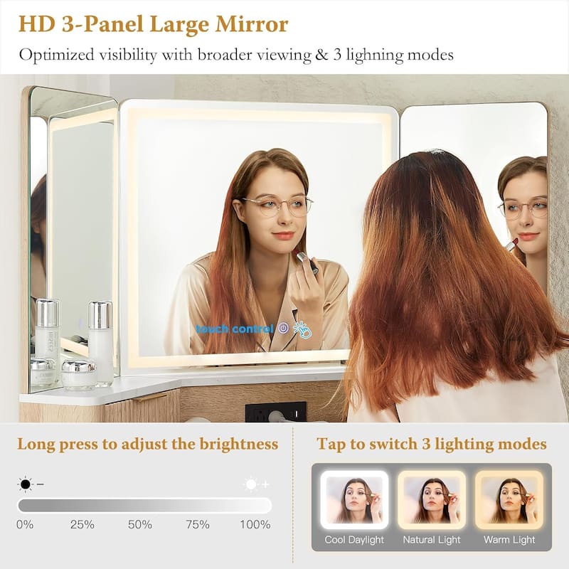 Modern Fluted Makeup Vanity Desk with 3 Way Mirror&Light, Vanity Table