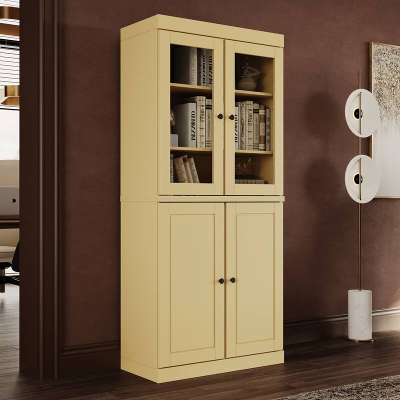 Palace Imports Solid Wood 6-Shelf Bookcase, Raised Panel Clear Glass Doors, Adjustable Shelves - Yellow