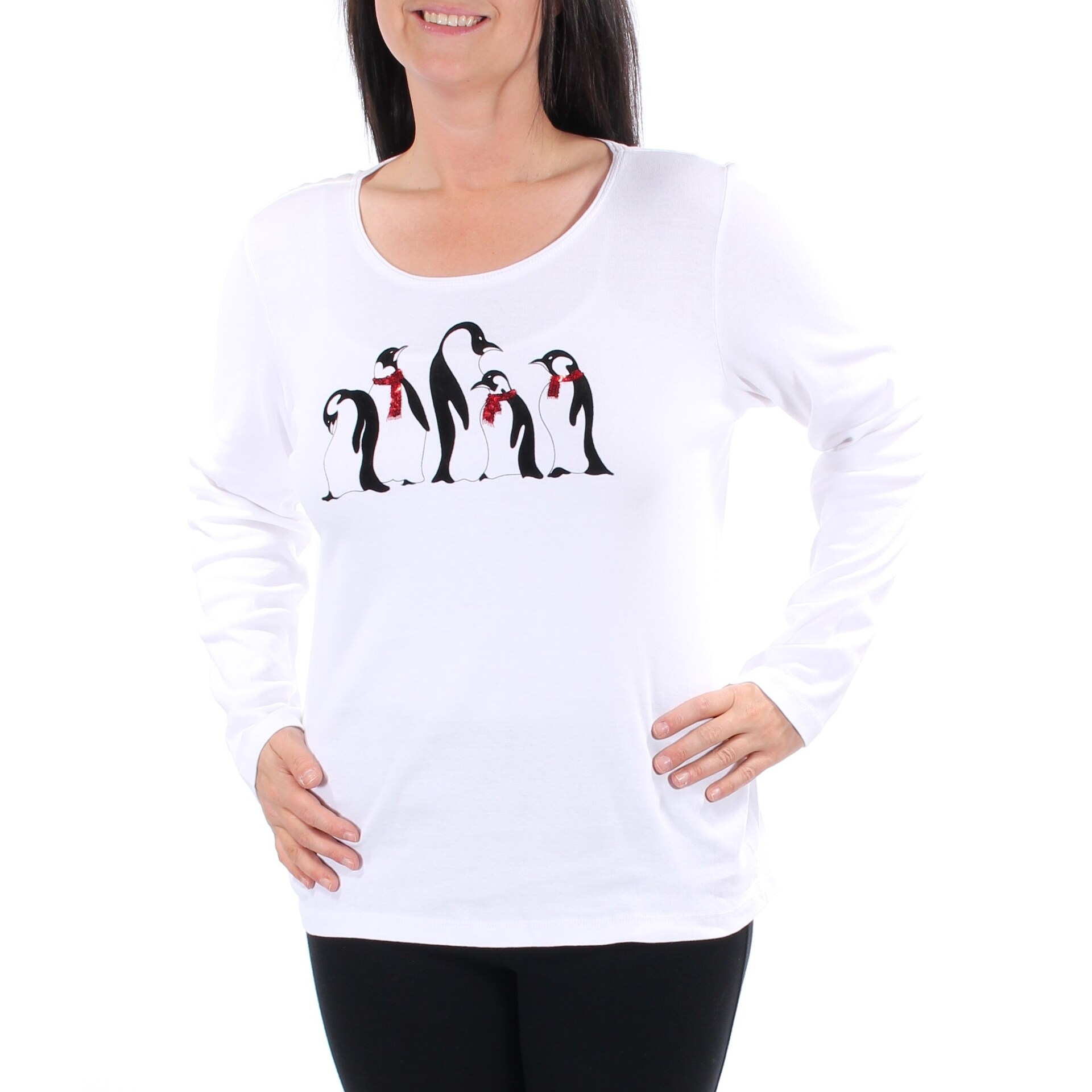 Shop Womens White Penguins With Scarves Long Sleeve Jewel Neck Top