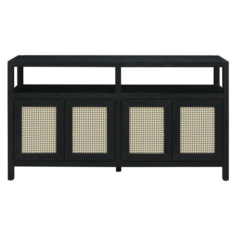 Anmytek Black Bohemian Rattan Sideboard Solid Wood Buffet Cabinet with Adjustable Shelves Push to Open for Living Dining Room