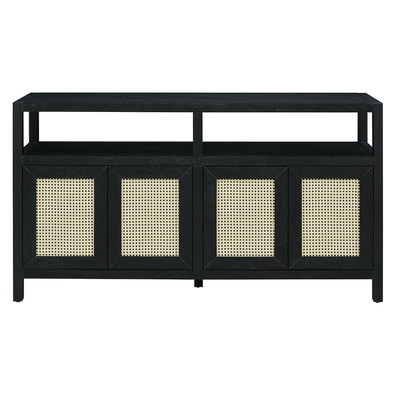 Roomfitters Bohemian Rattan Buffet Cabinet with Solid Wood Frame, Sideboard with Adjustable Shelves, Push-to-Open Design