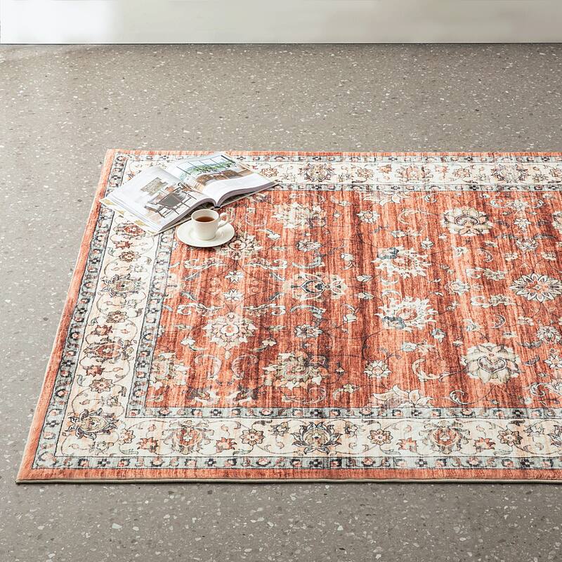 Glitzhome Traditional Distressed Floral Boho Printed Oriental Area Rugs