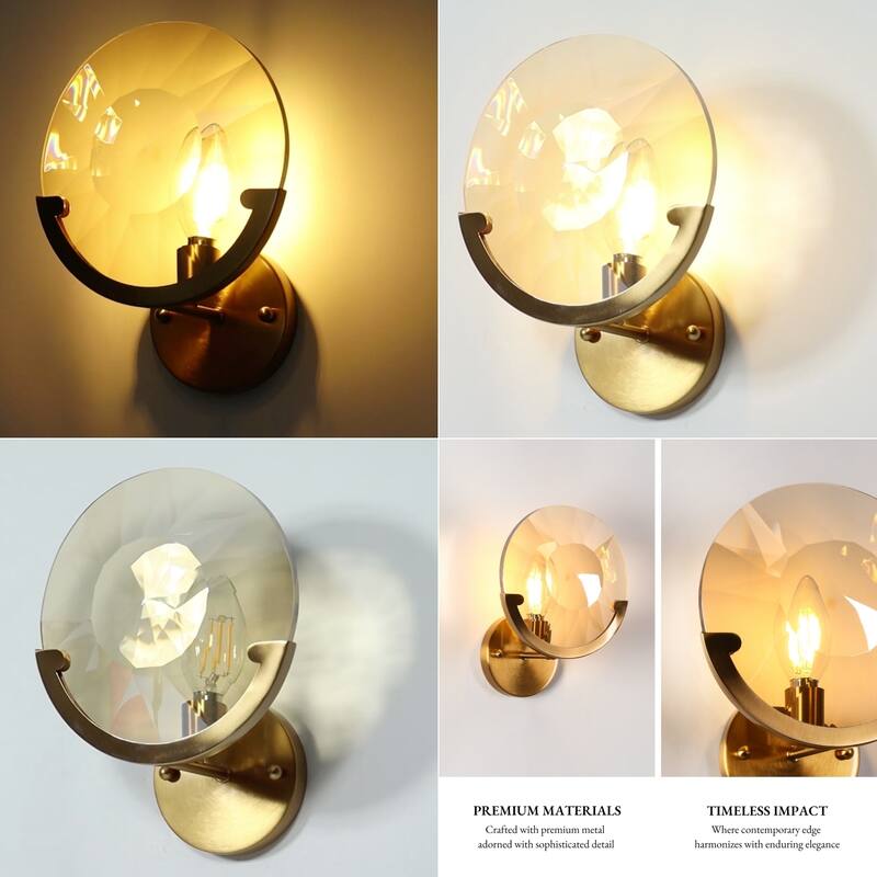 Modern Gold 1-Light Crystal Wall Sconce Round Bathroom Vanity Light - Dia. 7.9" x H 10.6"