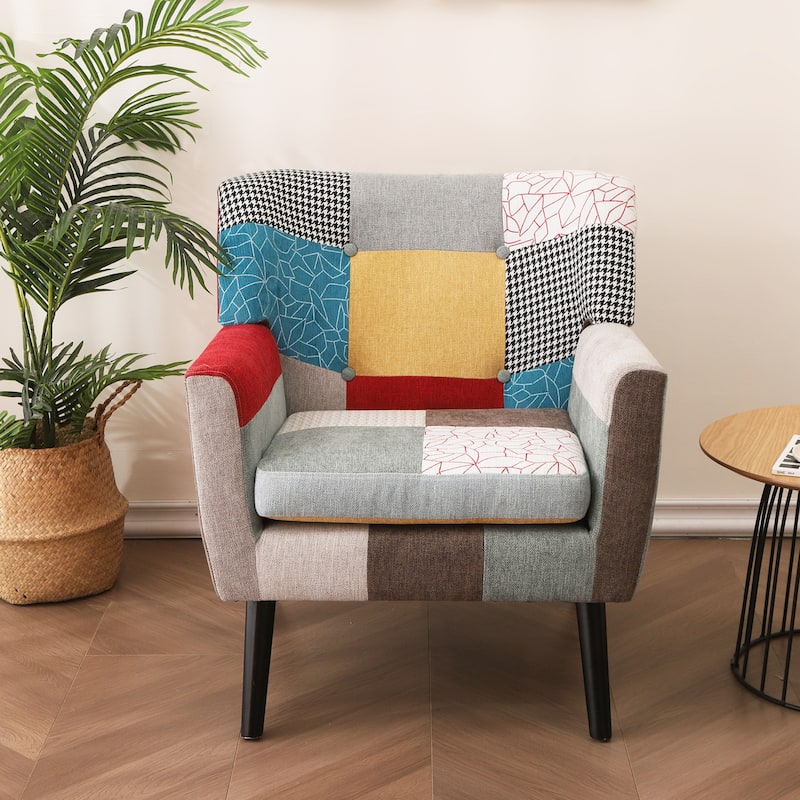 Patchwork Accent Chair, Mid Century Modern Fabric Club Chair for Bedroom Comfy, Colourful Single Sofa Chair for Living Room - Multi