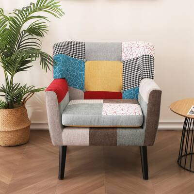 Patchwork Accent Chair, Mid Century Modern Fabric Club Chair for Bedroom Comfy, Colourful Single Sofa Chair for Living Room