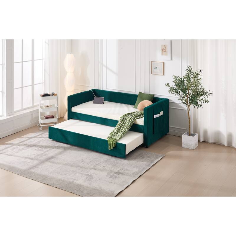 Twin Size Velvet Daybed with Trundle, USB Charging Port & Side Pockets, Modern Upholstered Sofa Bed with V-Pattern Backrest