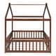 preview thumbnail 5 of 7, Walnut Full Size Wood House Bed Frame with Roof and Fence, for Kids, Teens, Girls, Boys