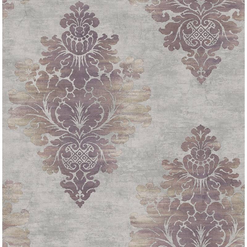Seabrook Designs Lara Distressed Damask Unpasted Wallpaper - 20.5 in. W x 33 ft. L - Smoke & Metallic Grape