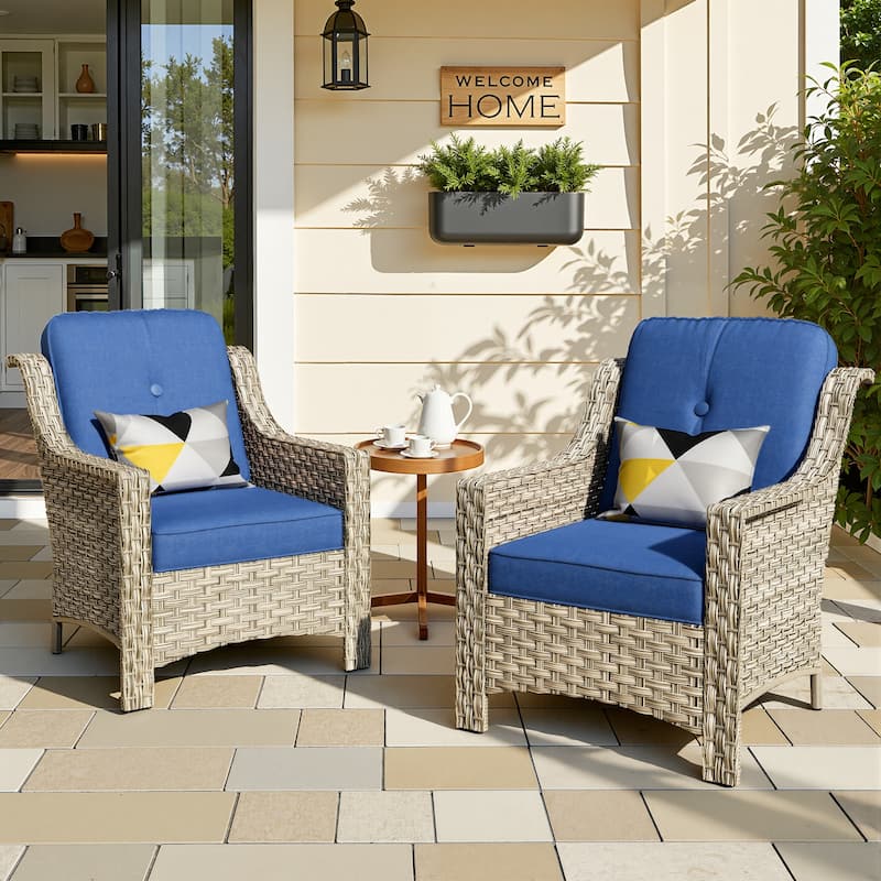 HOOOWOOO 2-piece High Back Wicker Rattan Outdoor Patio Chair Set - Navy Blue