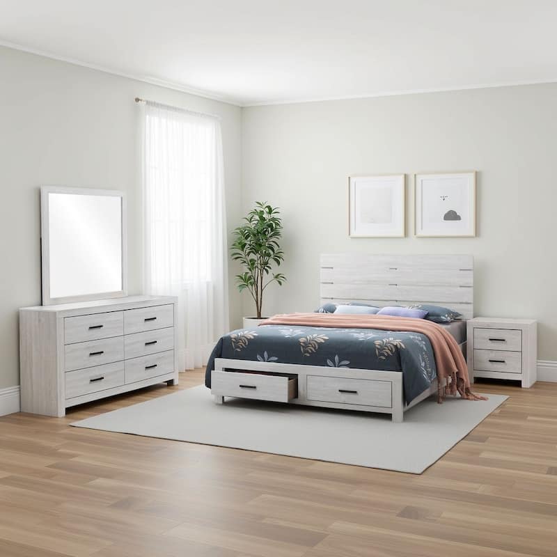 Sili 4pc Queen Storage Bedroom Set, Coastal White and Bronze