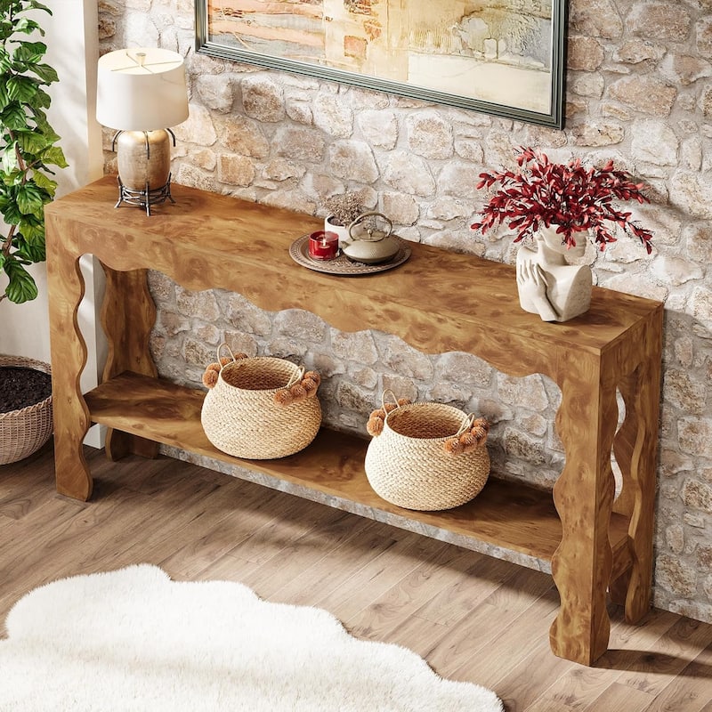 63 Inch Console/Entryway Table, Modern Rustic Entry Table with Scalloped Edge & Storage Shelf