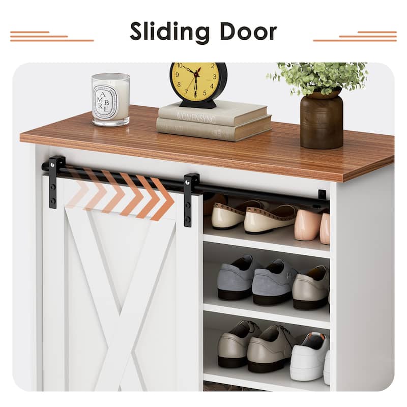 Farmhouse Entryway Shoe Bench with Storage and Cushioned Seating - White Sliding Door Cabinet