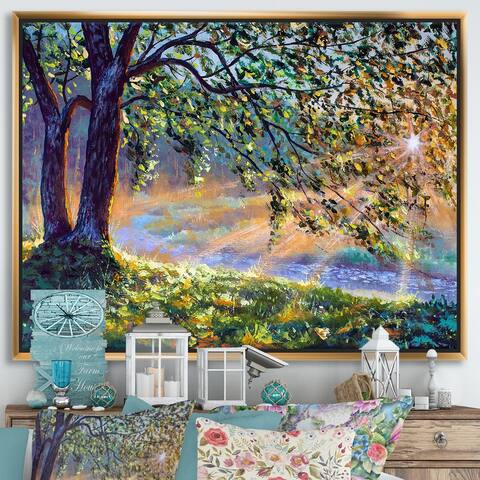 Designart "Tree By River First Rays Of Afternoon Sun" Farmhouse Framed Canvas Wall Art Print