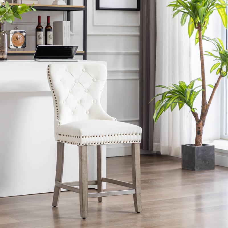 Carter 29" Wingback Tufted Nailhead Bar Stool with Antique Grey Legs