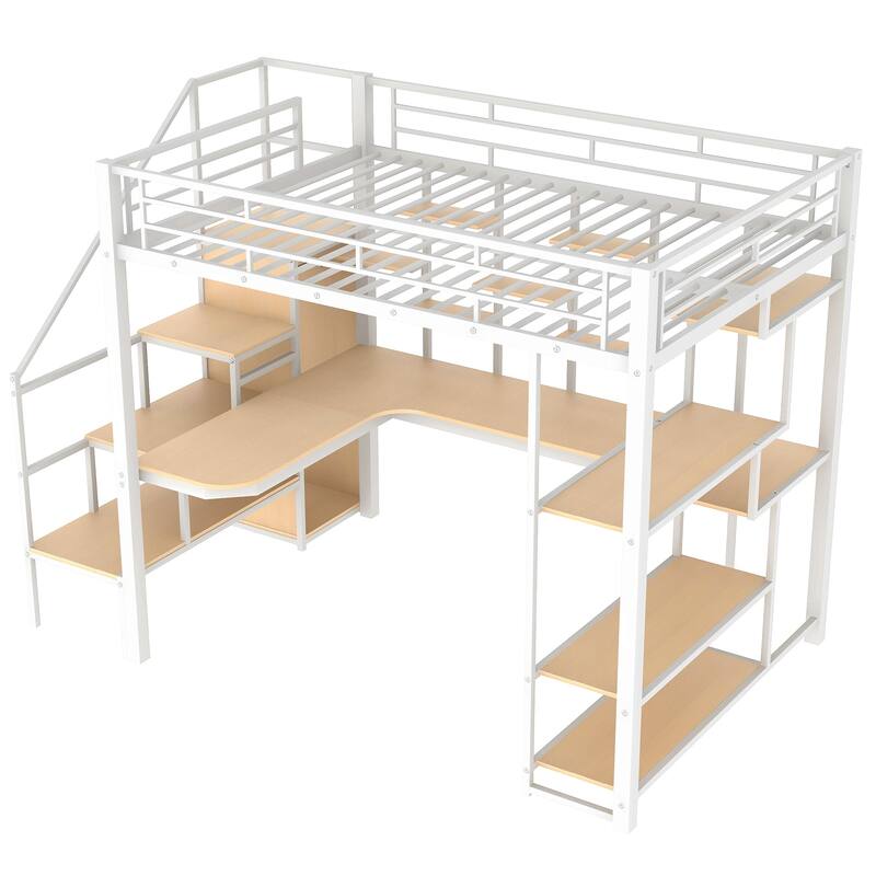 Full Size Metal Loft Bed with Storage Staircase, Built-in Desk, Wardrobe, and Shelves, White