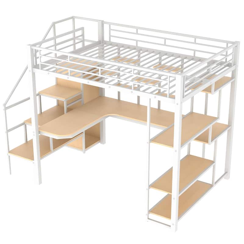 Roomfitters Full Size Metal Loft Bed with Wardrobe, Desk and Storage Staircase