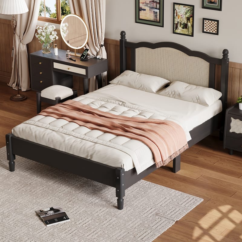 Queen/Full Size Wood Platform Bed with Natural Rattan Headboard, Vintage Bed Frame