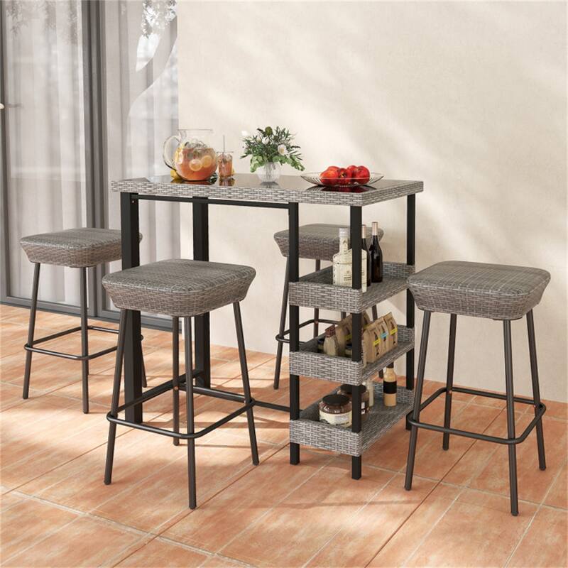 Courtyard Patio Bar Table with PE Rattan and 3 Storage Shelves - 43.5" x 22" x 41"