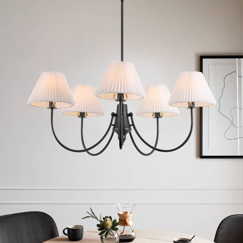 8/5-Light Mid-Century Modern Gold/Black Chandelier with Pleated Fabric Lampshades Hanging Light for Living Room, Dining Room