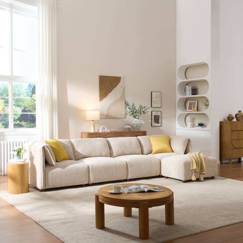 Christopher Knight Home - Modern Upholstered Sofa with Rubber Wood Frame - Sesame - 4PCs with ottoman - Right Facing