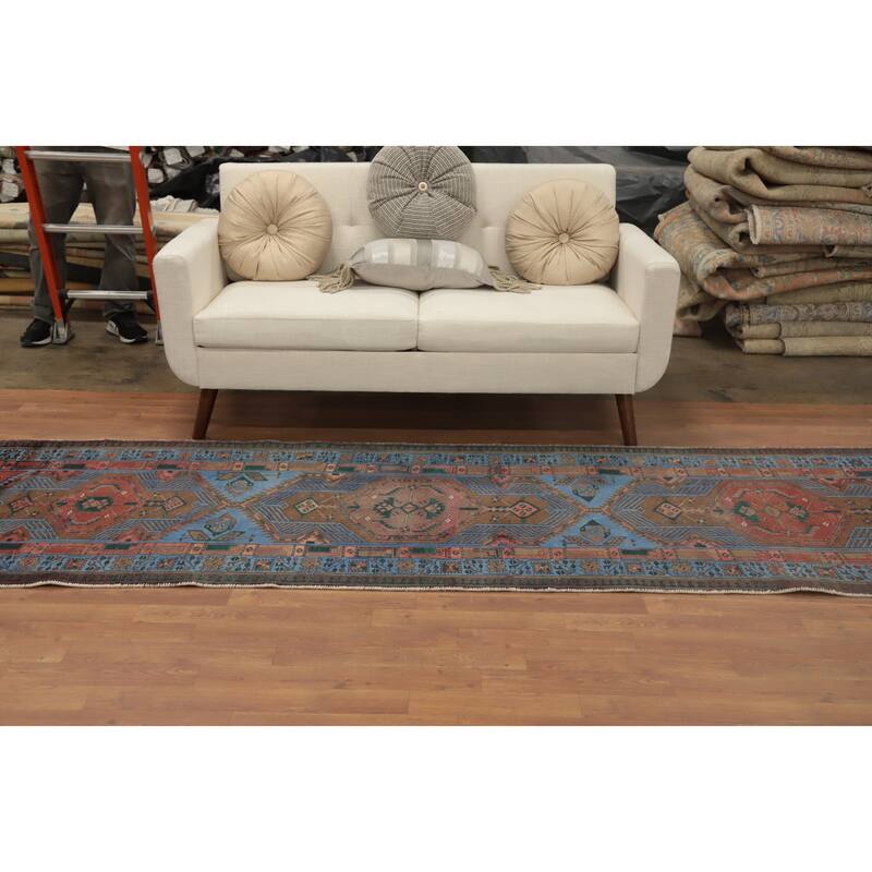Hand Knotted Oriental 100% Wool Carpet Traditional Geometric Navy Blue & Blues Hamedan Runner Rug - 10' 6'' X 3' 3''