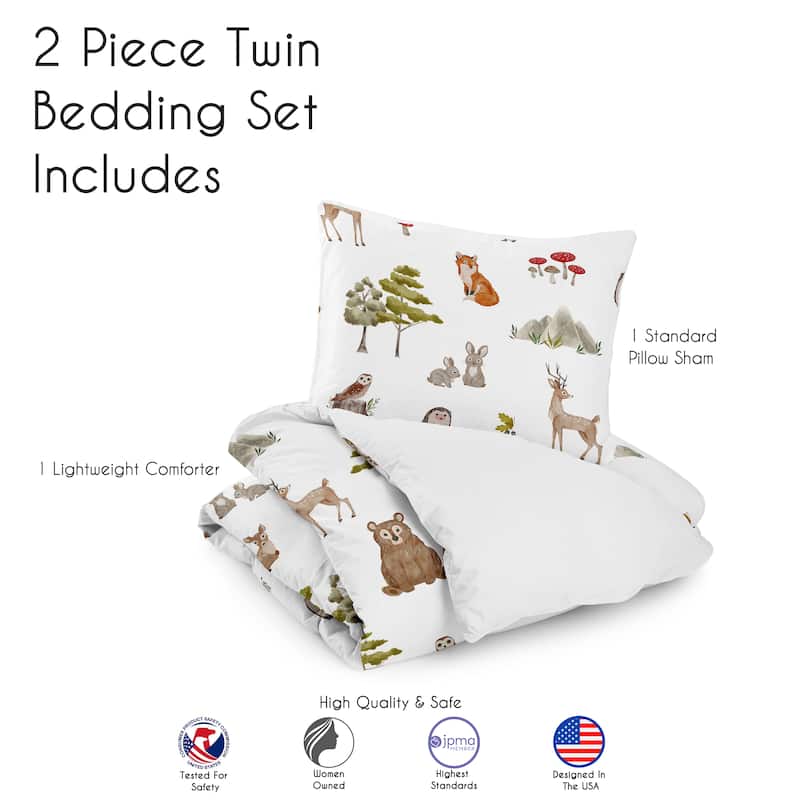 Sweet Jojo Designs Woodland Forest Animals Boy Girl Gender Neutral Unisex 2p Twin-size Comforter Set Brown Bear Fox Deer Friends