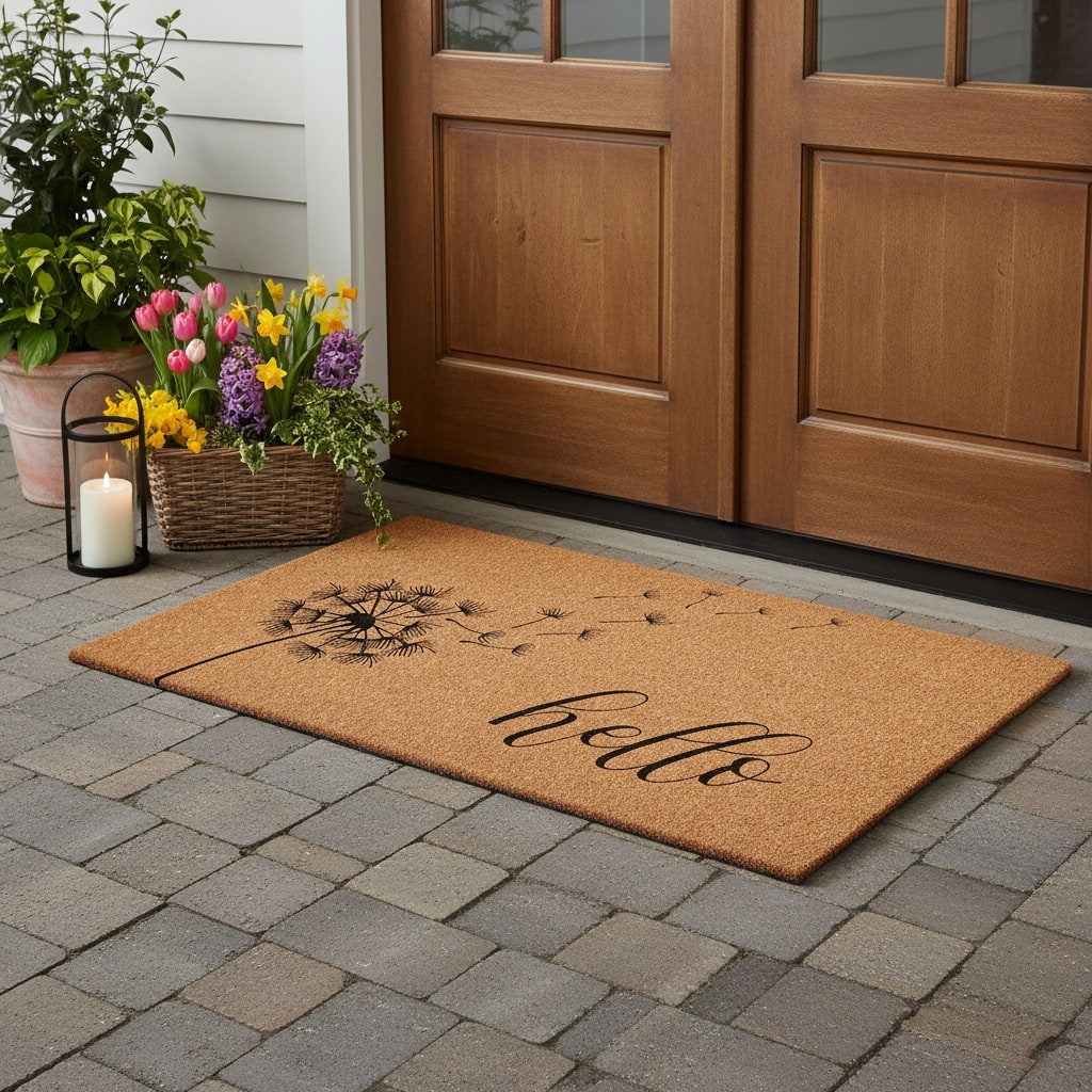 HomeRoots 36" X 72" Brown And Black Floral Hello Outdoor Coir Door Mat - 36.00' X '72.00