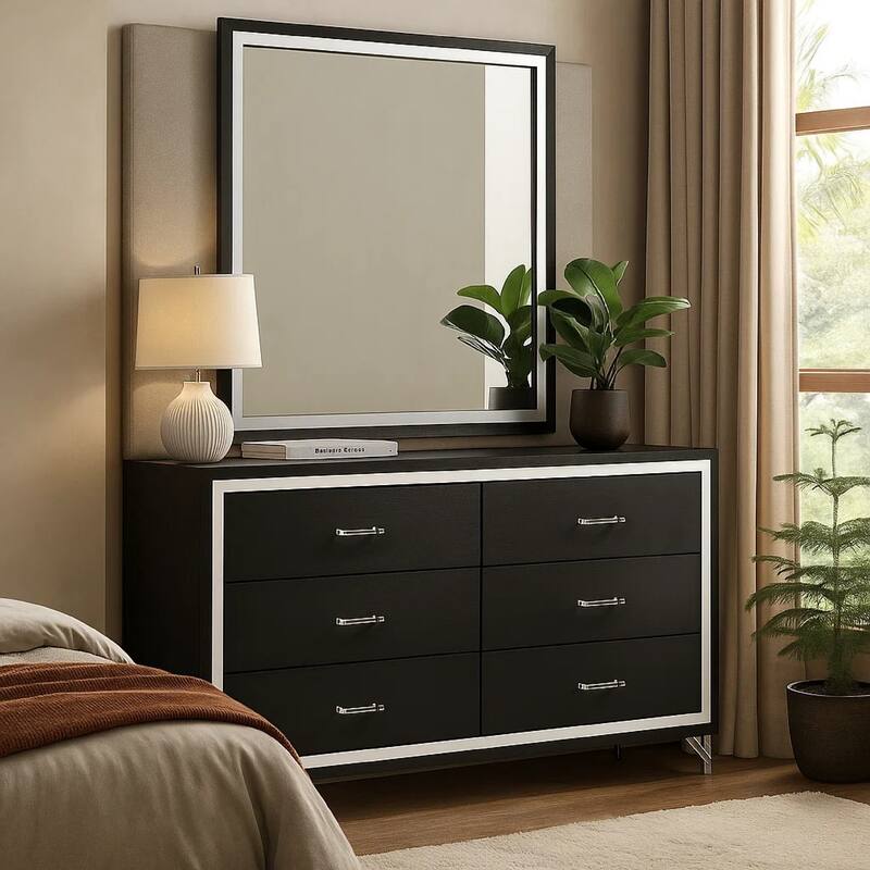 Jenny Wide Dresser with Mirror, Retro Modern Chrome Legs, Black