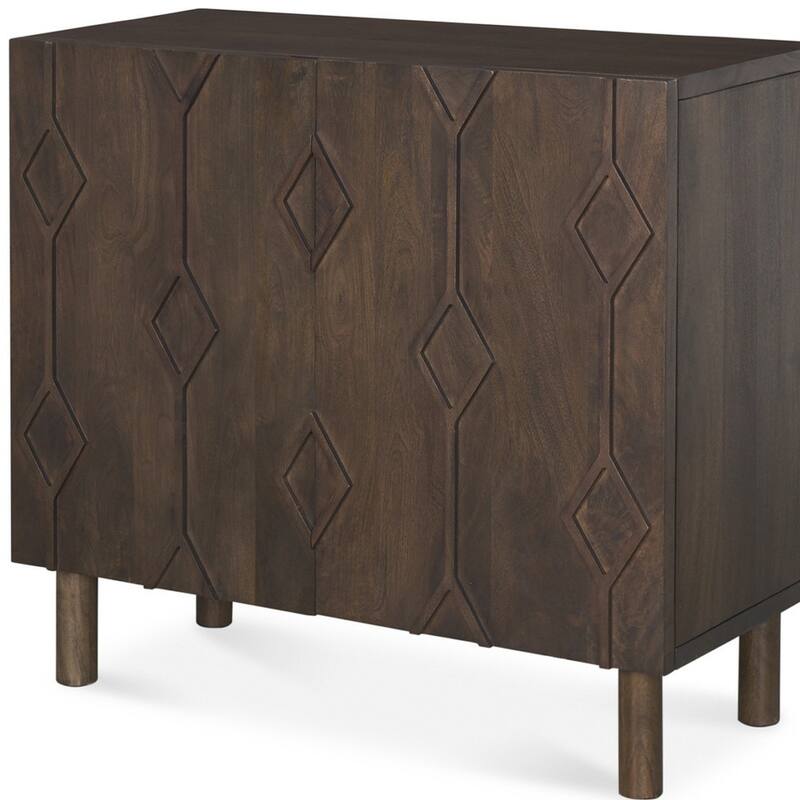HomeRoots 36" Dark Brown Solid Wood Carved Geometric Accent Cabinet With Two Doors