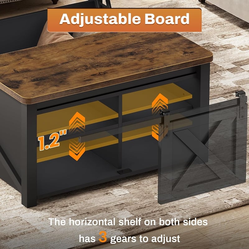 Coffee Table Lift Top Square Center Table Barn Door Adjustable Shelves