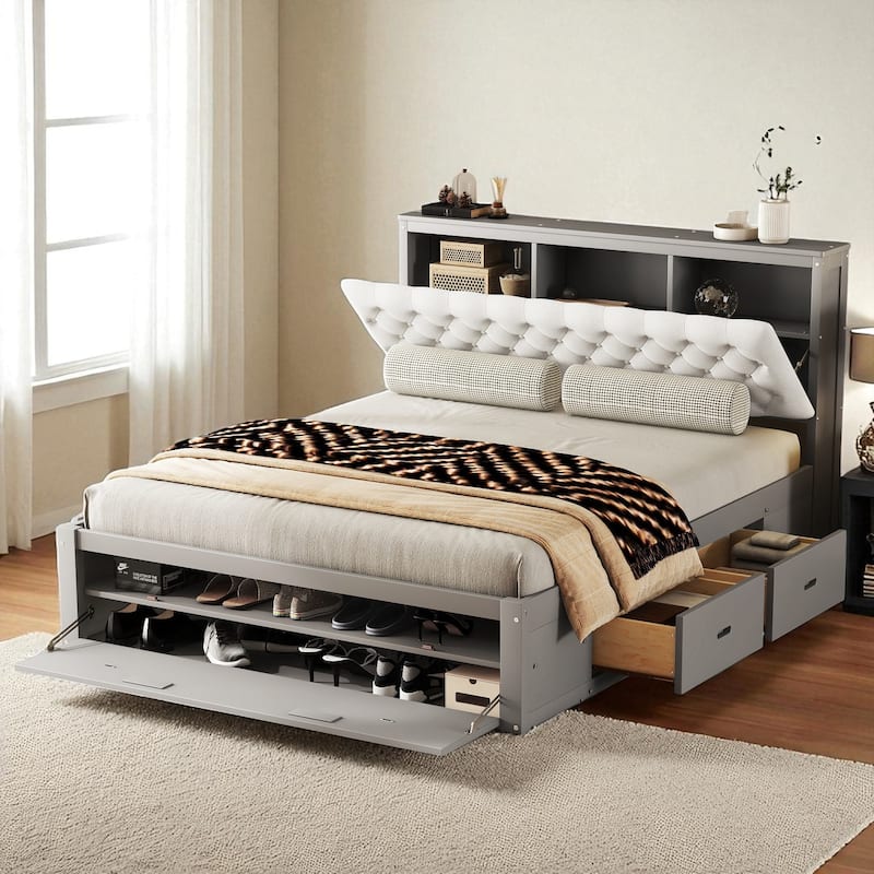 Queen Size Wooden Platform Bed with Upholstered Headboard, 4 Drawers, Storage Shelves & Shoe Rack - Grey - Queen