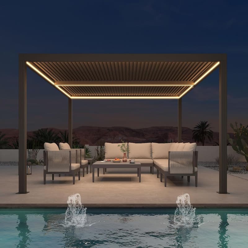 PURPLE LEAF Bronze Louvered Pergola with Adjustable Roof for Deck Backyard Garden Hardtop Gazebo