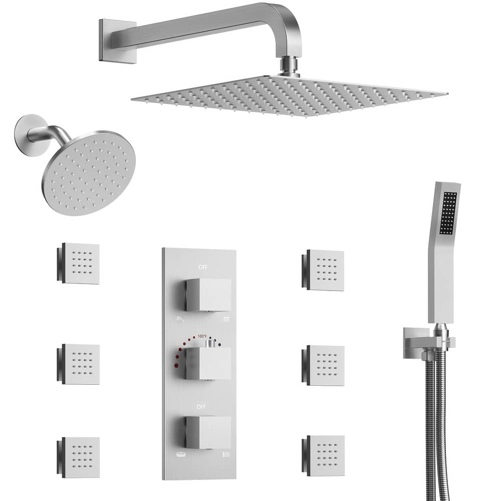 4-Functions Thermostatic Shower System, Wall Mount Shower Faucet Set 12" & 6" Dual Shower Head with 6 Body Jets