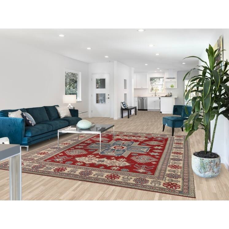 Geometric Red Kazak Oriental Area Rug Wool Carpet - 8'0" x 9'9"