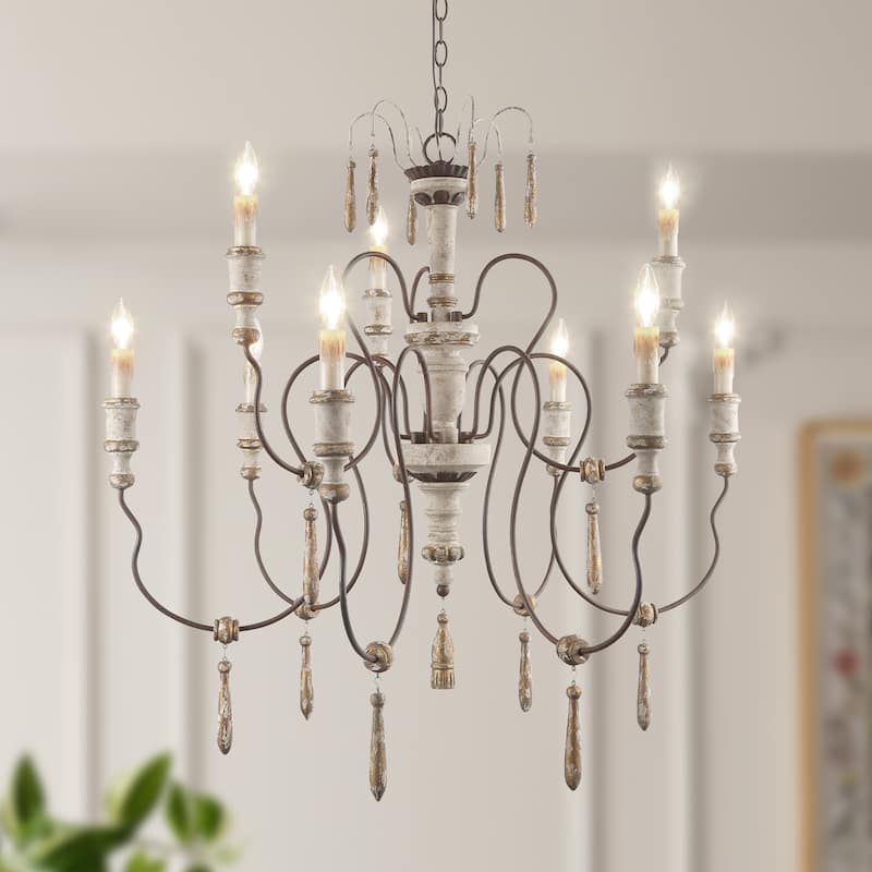 Farmhouse Wood 9-Light Chandelier French Country Classic Candle Light for Dining Room - 9-light D39" x H38.1"