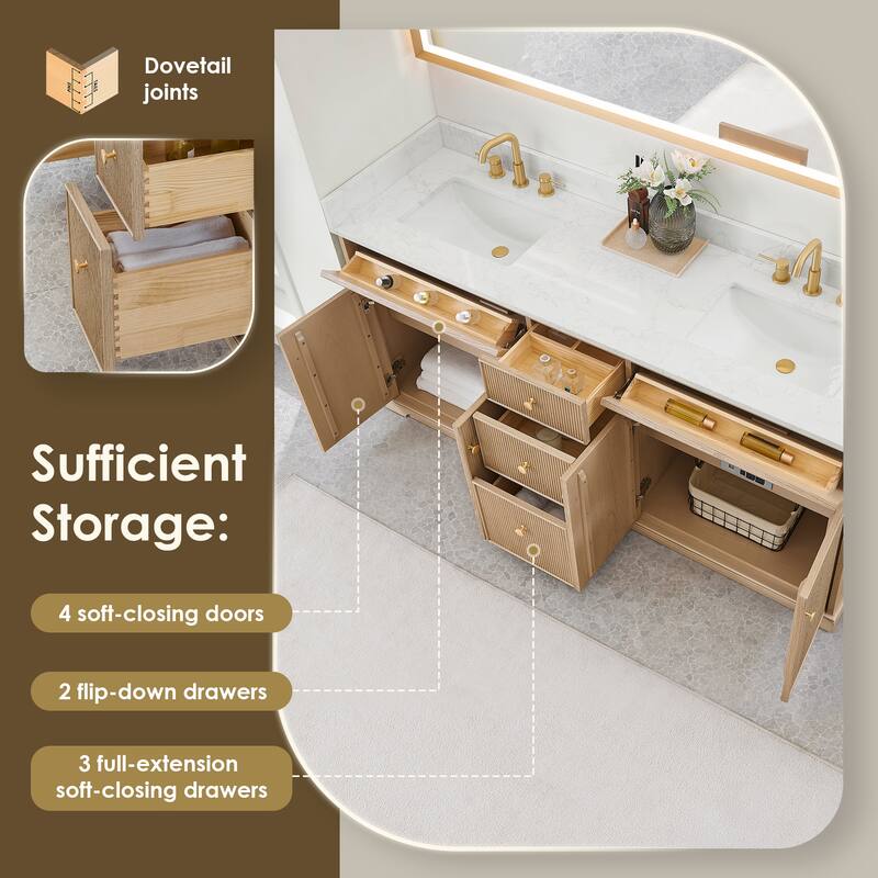 Barnett Bathroom Vanity in Natural Oak with Grain White Engineered Stone Countertop No Mirror
