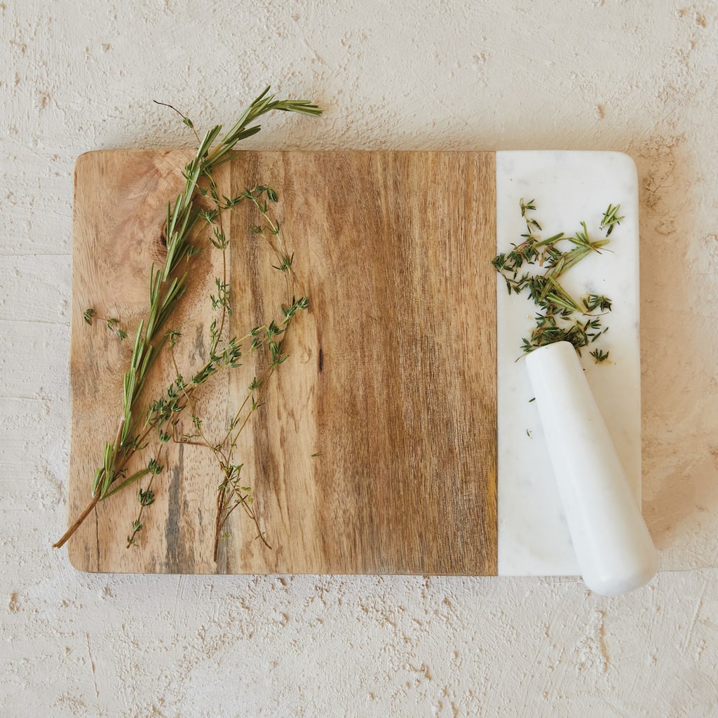 Mango Wood and Marble Cheese and Cutting Board with Pestle - 12.0"L x 9.0"W x 0.8"H