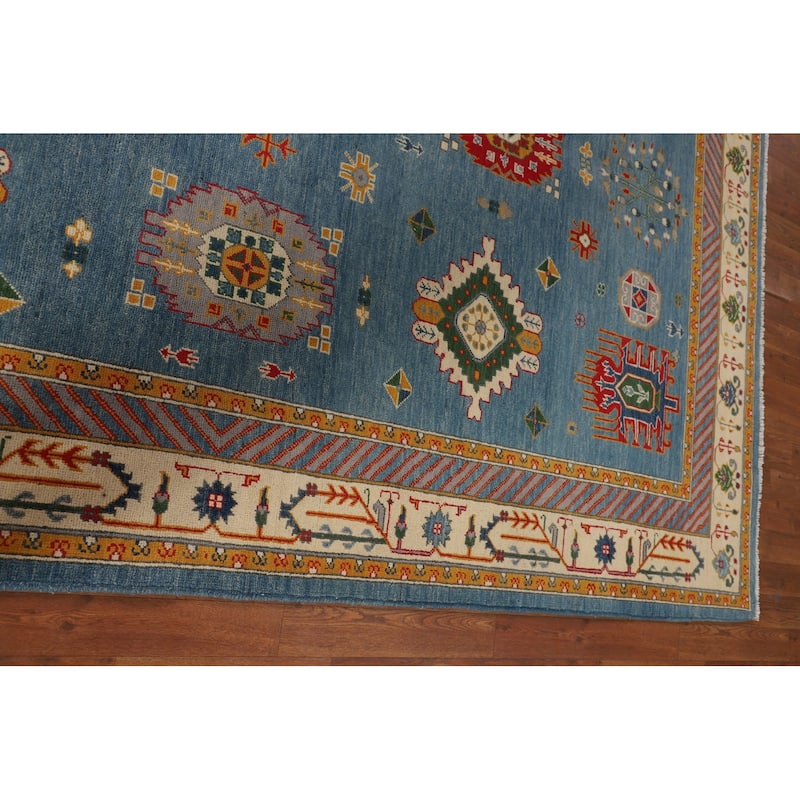 Blue Geometric Kazak Oriental Area Rug Handmade Wool Carpet - 6'8" x 9'7"