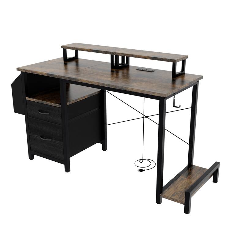 47" Office Desk with 2 Monitor Stands and Fabric File Cabinet, Writing Gaming Table with Shelves and Hooks for Home Office