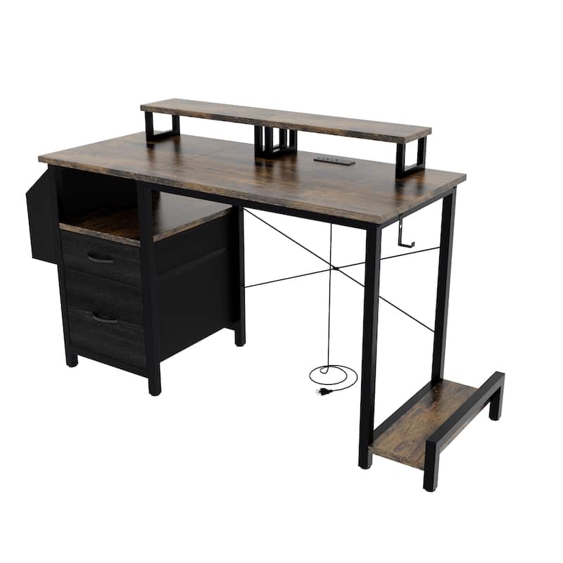 Computer Desk with 2 Drawers & Power Outlets, Gaming Desk with 2 Monitor Stands & Side Pocket, Small Home Office Desk
