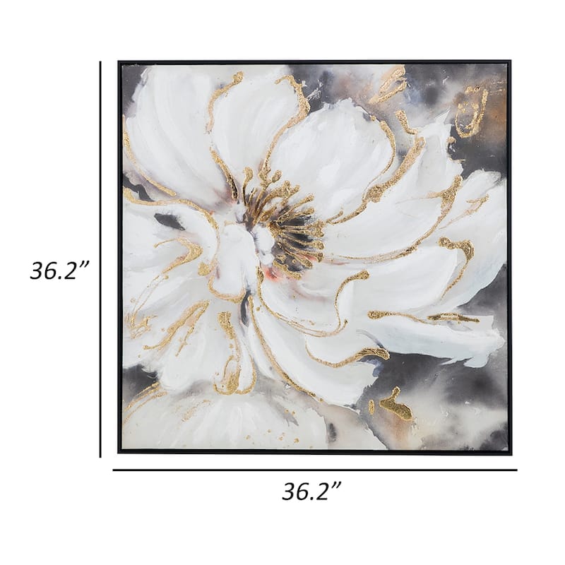 36 x 36 Inch Framed Wall Art, Floral Oil Painting On Canvas, White Gold