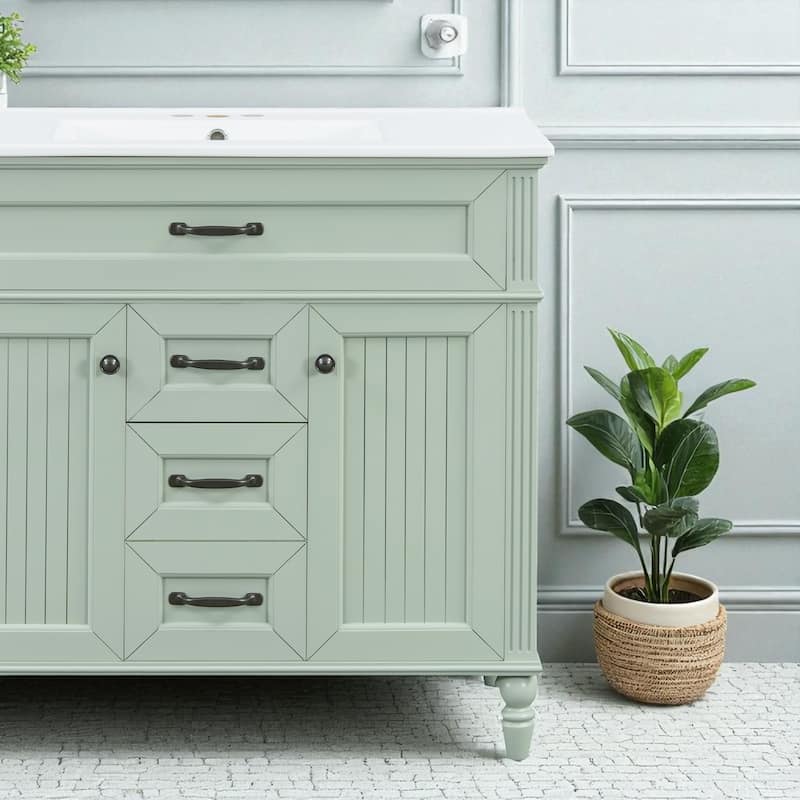 Modern 36 Inch Bathroom Vanity with Ceramic Sink, Solid Wood Frame, Golden Handles, Flip-Out Top Drawer & Storage Cabinet