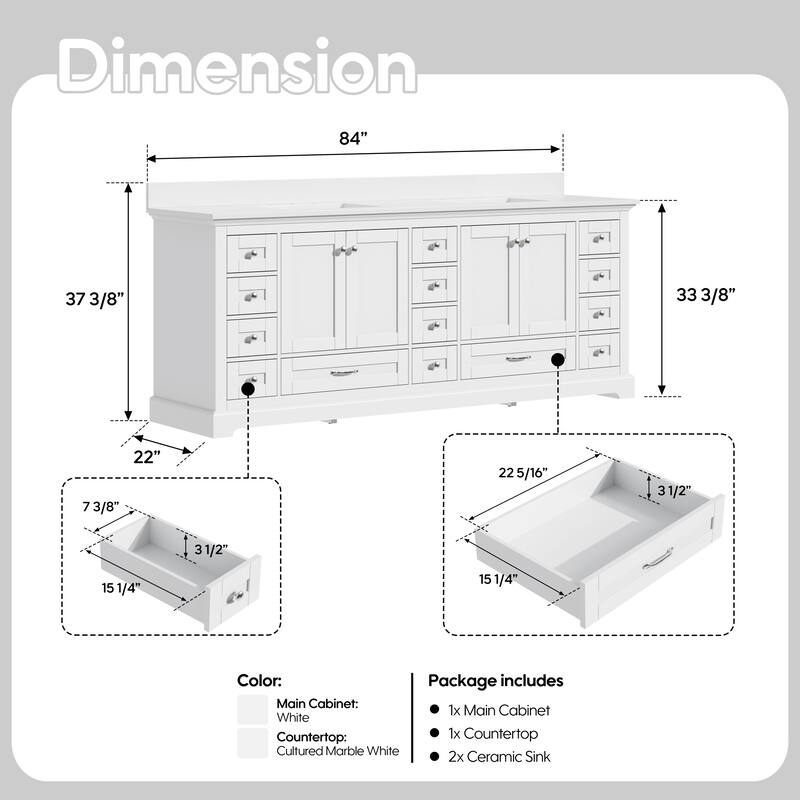 84''W Solid Wood Frame Bathroom Vanity With Pure White Culutered Marble Countertop And Double Sink