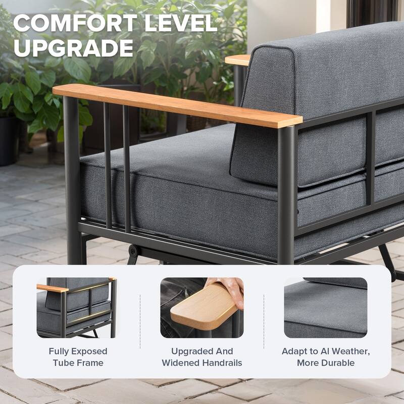 Puffin 4-Piece Black Metal Frame Outdoor Swivel Gliding Chairs with 6-Inch Dark Gray Cushions and Ottomans