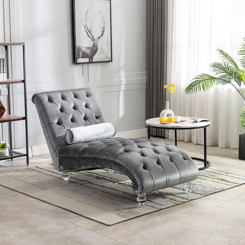 Silver Modern 63.98" Upholstered Buttons Tufted Chaise Lounge Chair with Pillow and Acrylic Legs