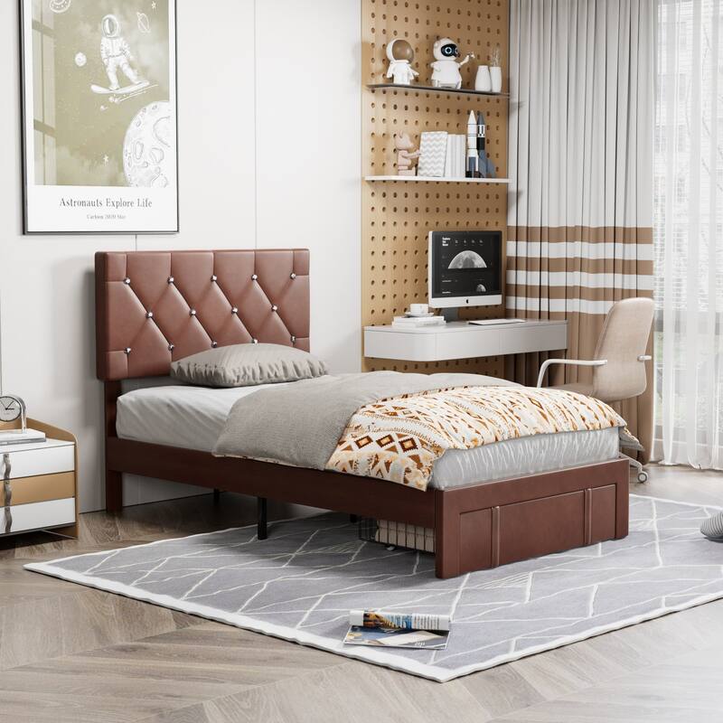 VECELO Bed Frame with Storage Drawers Leather Upholstered with Diamond Tufted Headboard Solid Wood Slat Support