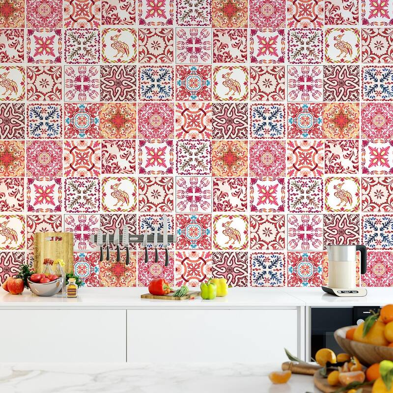 Walplus Tile Stickers Peel and Stick Moroccan Rose Red Mosaic Wall Sticker Decal