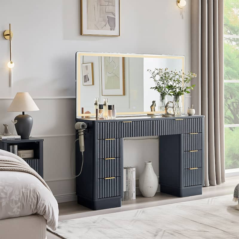 Modern Fluted Makeup Vanity Desk with Mirror, Lights, Charging Station
