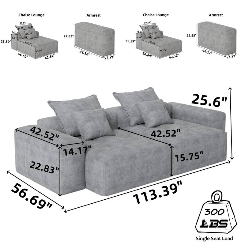 Modern Modular Chenille Sectional Sofa with 2 Chaise Lounge and 2 Armrest, 4 Pillows for Living Room