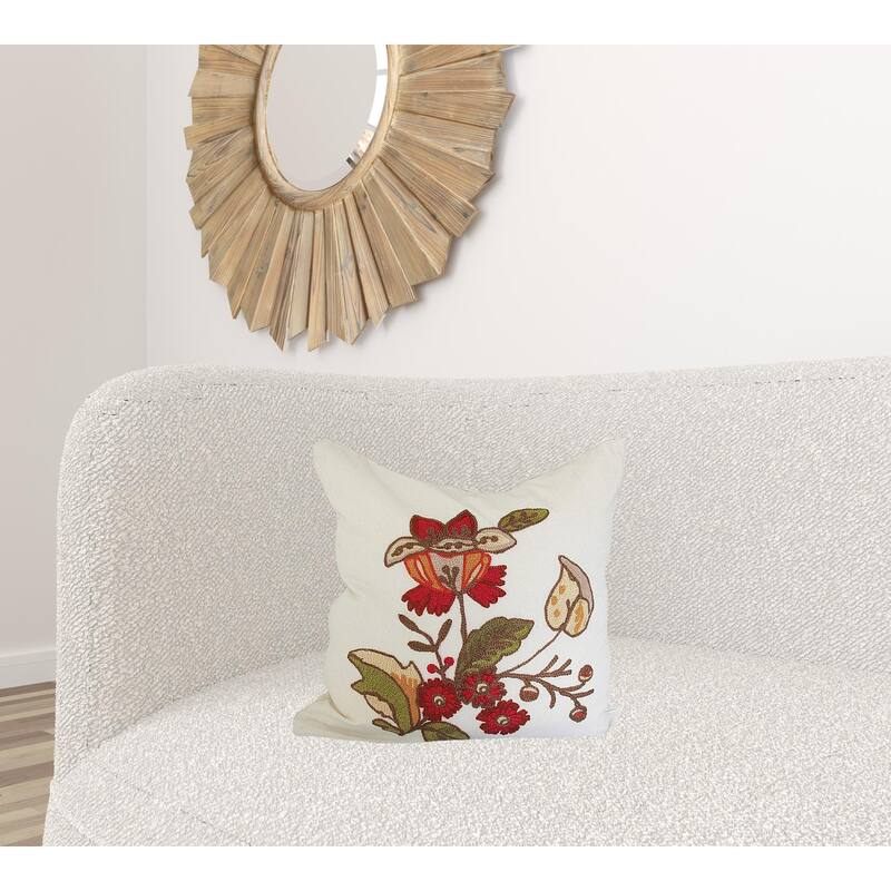 HomeRoots 18" X 18" Green and Orange Floral Cotton Zippered Pillow With Embroidery